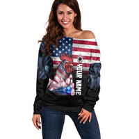 Custom Bowling Rooster Off Shoulder Sweater with Striking Pins and American Flag Feather Pattern - Wonder Print Shop