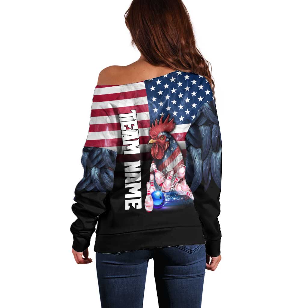 Custom Bowling Rooster Off Shoulder Sweater with Striking Pins and American Flag Feather Pattern - Wonder Print Shop