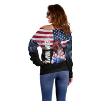 Custom Bowling Rooster Off Shoulder Sweater with Striking Pins and American Flag Feather Pattern - Wonder Print Shop