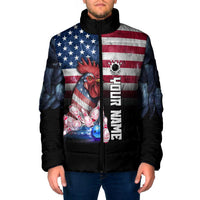 Custom Bowling Rooster Padded Jacket with Striking Pins and American Flag Feather Pattern - Wonder Print Shop