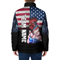 Custom Bowling Rooster Padded Jacket with Striking Pins and American Flag Feather Pattern - Wonder Print Shop