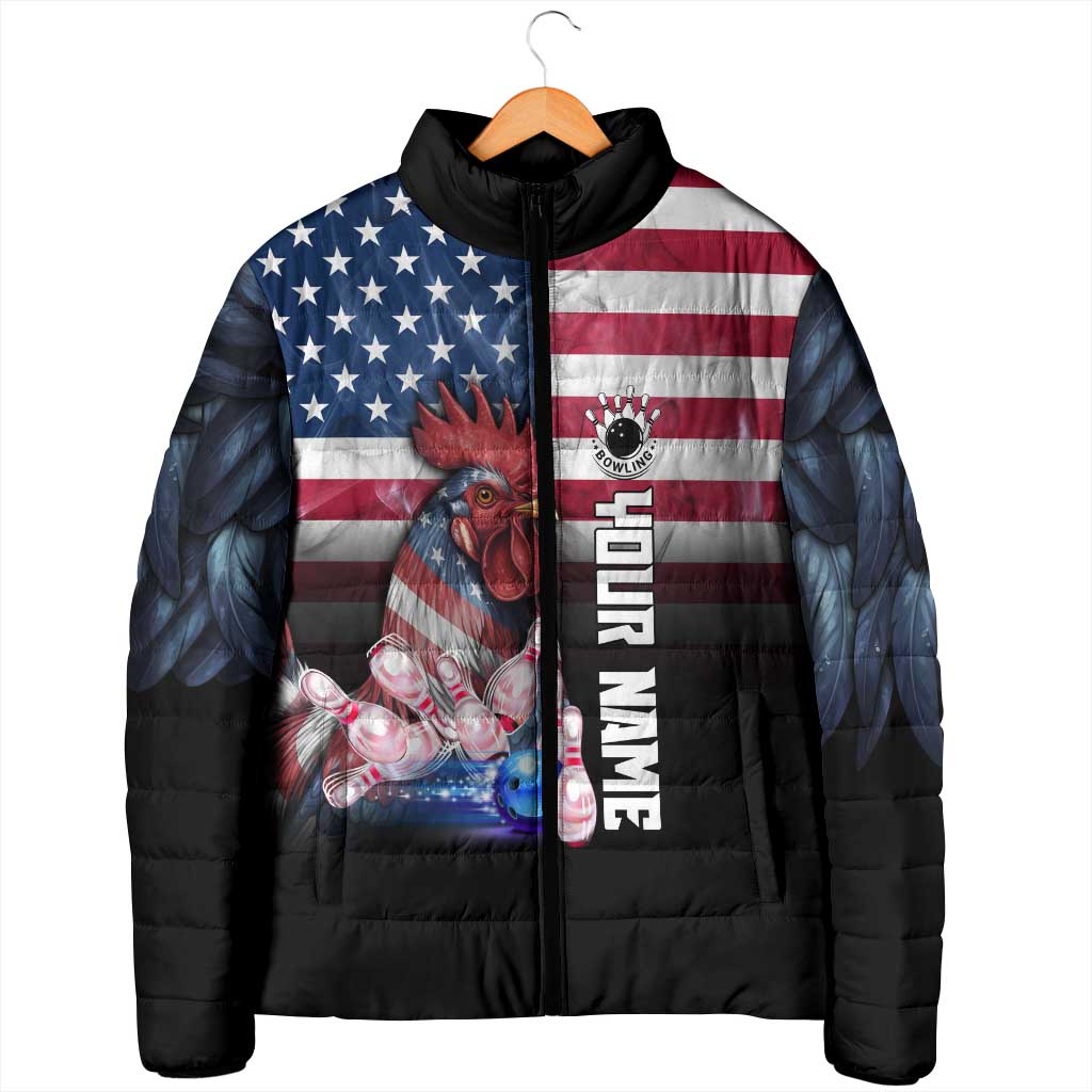 Custom Bowling Rooster Padded Jacket with Striking Pins and American Flag Feather Pattern - Wonder Print Shop