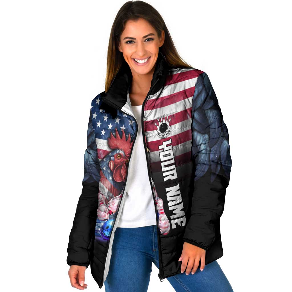 Custom Bowling Rooster Padded Jacket with Striking Pins and American Flag Feather Pattern - Wonder Print Shop