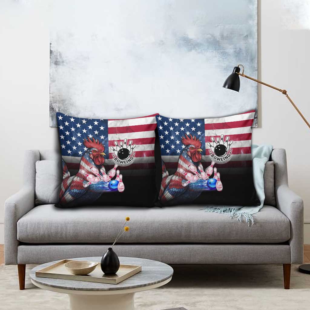 Bowling Rooster Pillow Cover with Striking Pins and American Flag Feather Pattern - Wonder Print Shop