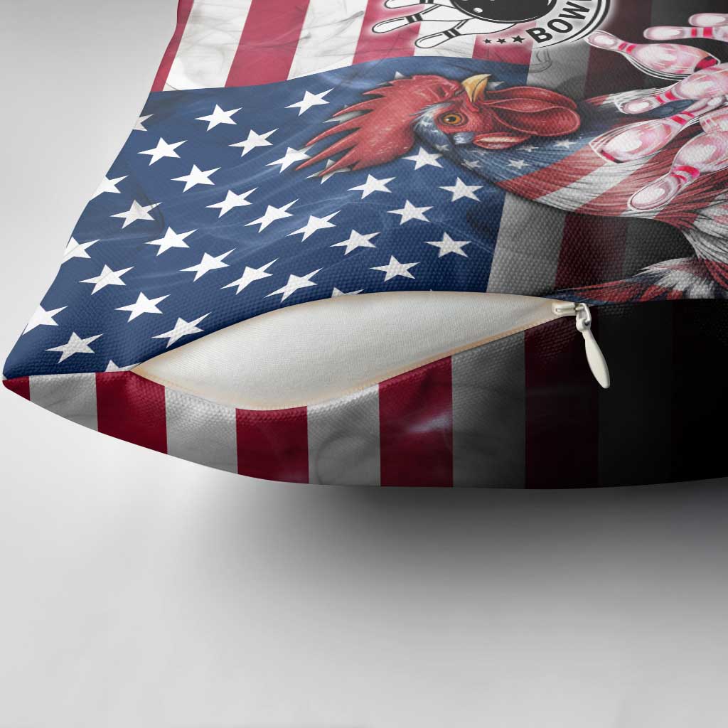 Bowling Rooster Pillow Cover with Striking Pins and American Flag Feather Pattern - Wonder Print Shop