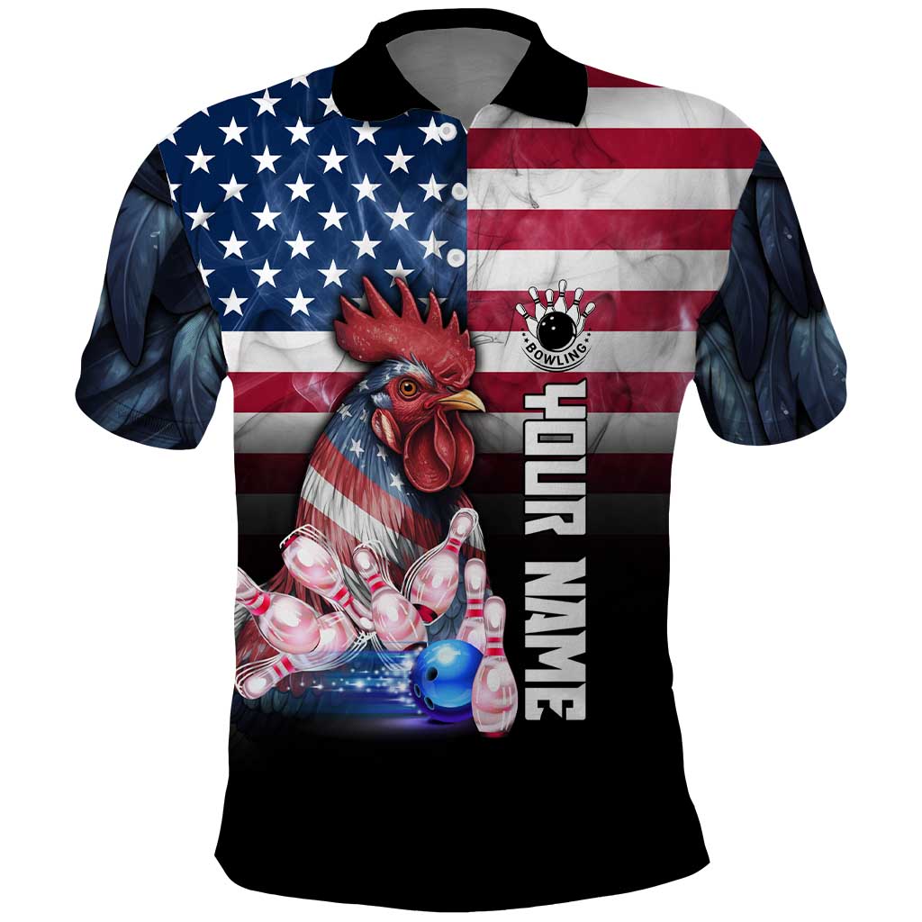 Custom Bowling Rooster Polo Shirt with Striking Pins and American Flag Feather Pattern - Wonder Print Shop
