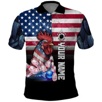 Custom Bowling Rooster Polo Shirt with Striking Pins and American Flag Feather Pattern - Wonder Print Shop