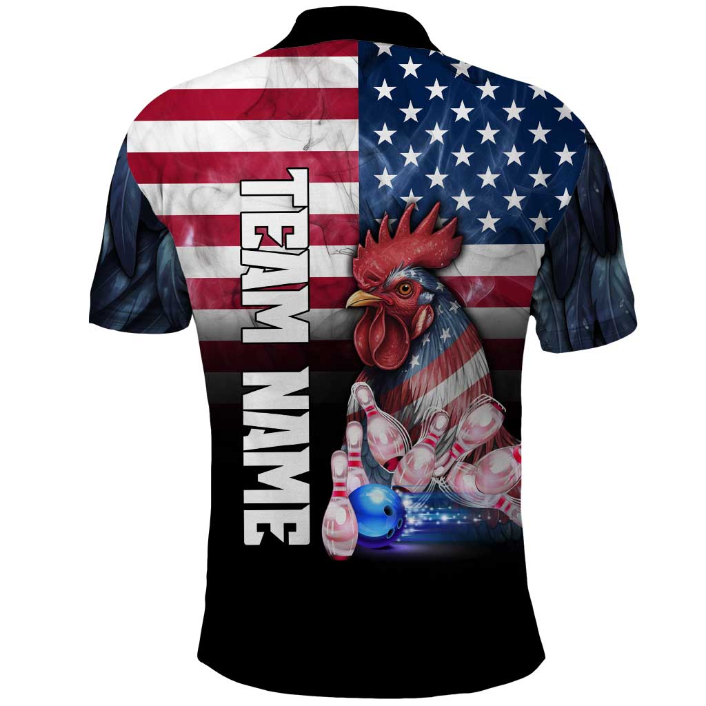 Custom Bowling Rooster Polo Shirt with Striking Pins and American Flag Feather Pattern - Wonder Print Shop