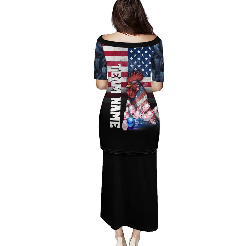 Custom Bowling Rooster Puletasi with Striking Pins and American Flag Feather Pattern - Wonder Print Shop