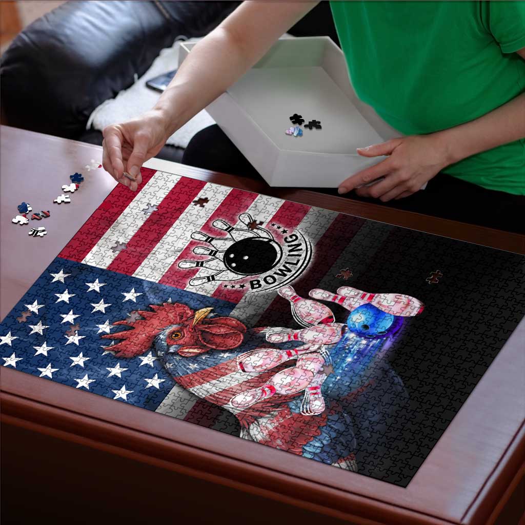 Bowling Rooster Puzzle with Striking Pins and American Flag Feather Pattern - Wonder Print Shop