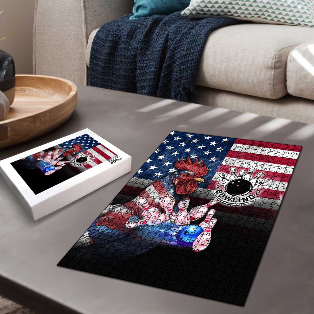 Bowling Rooster Puzzle with Striking Pins and American Flag Feather Pattern - Wonder Print Shop