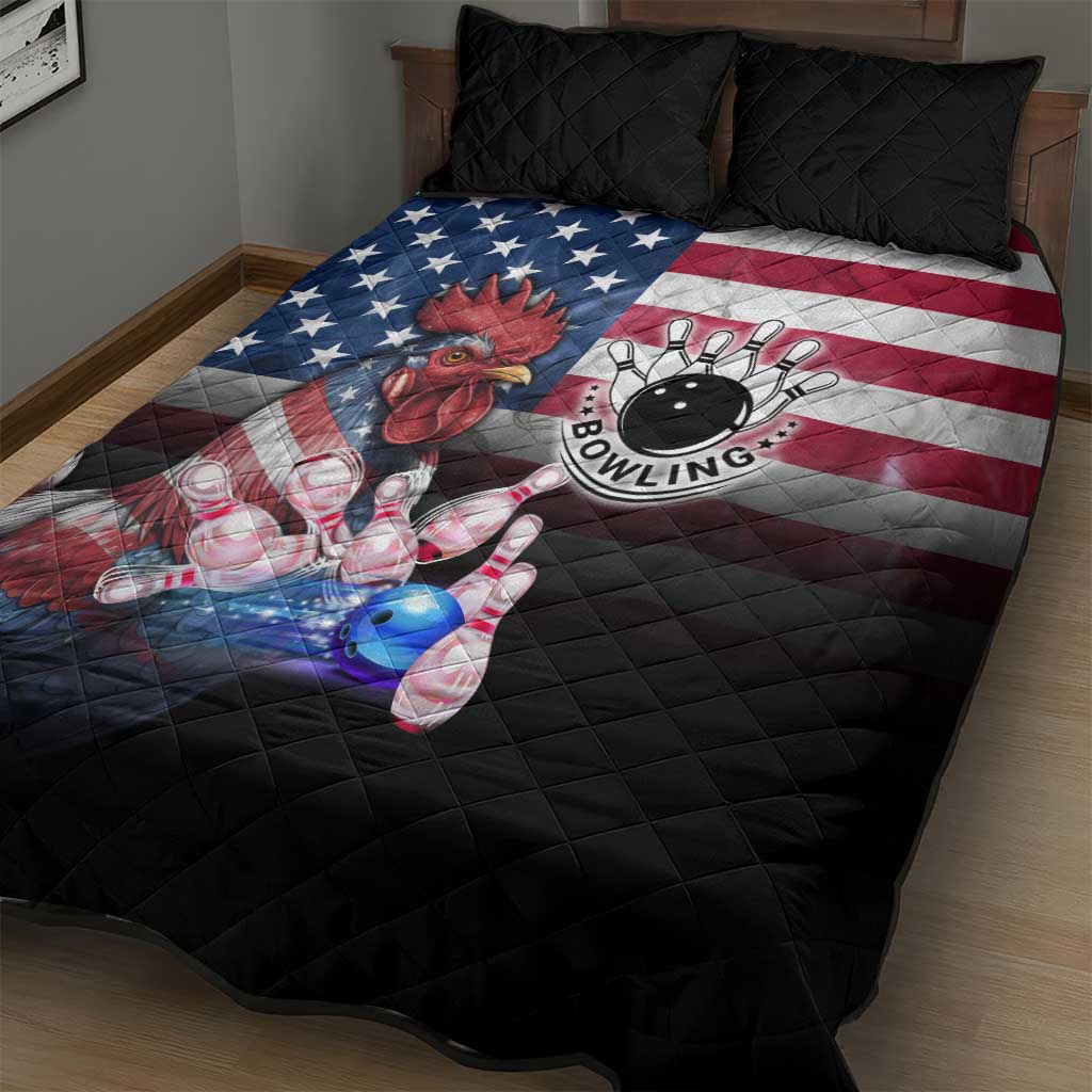Bowling Rooster Quilt Bed Set with Striking Pins and American Flag Feather Pattern - Wonder Print Shop