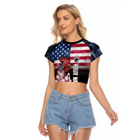 Custom Bowling Rooster Raglan Cropped T Shirt with Striking Pins and American Flag Feather Pattern - Wonder Print Shop