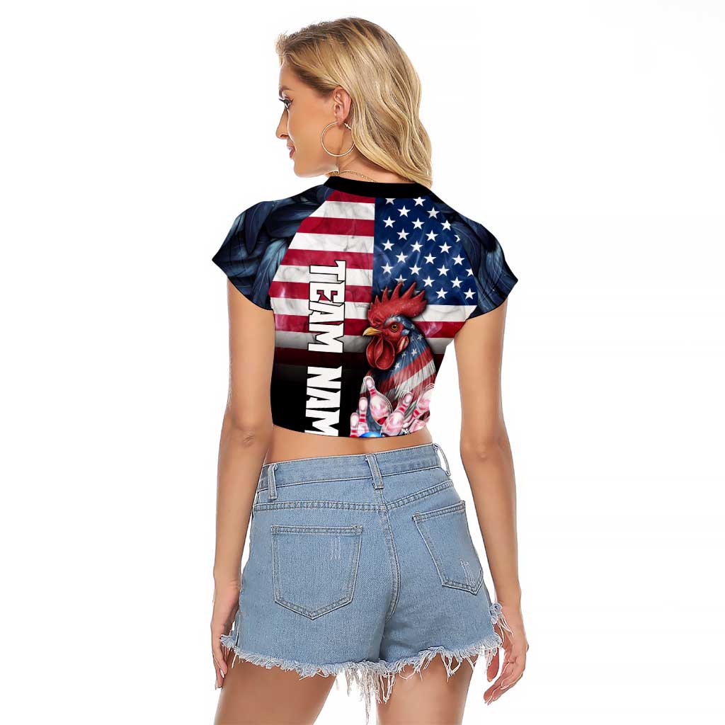 Custom Bowling Rooster Raglan Cropped T Shirt with Striking Pins and American Flag Feather Pattern - Wonder Print Shop