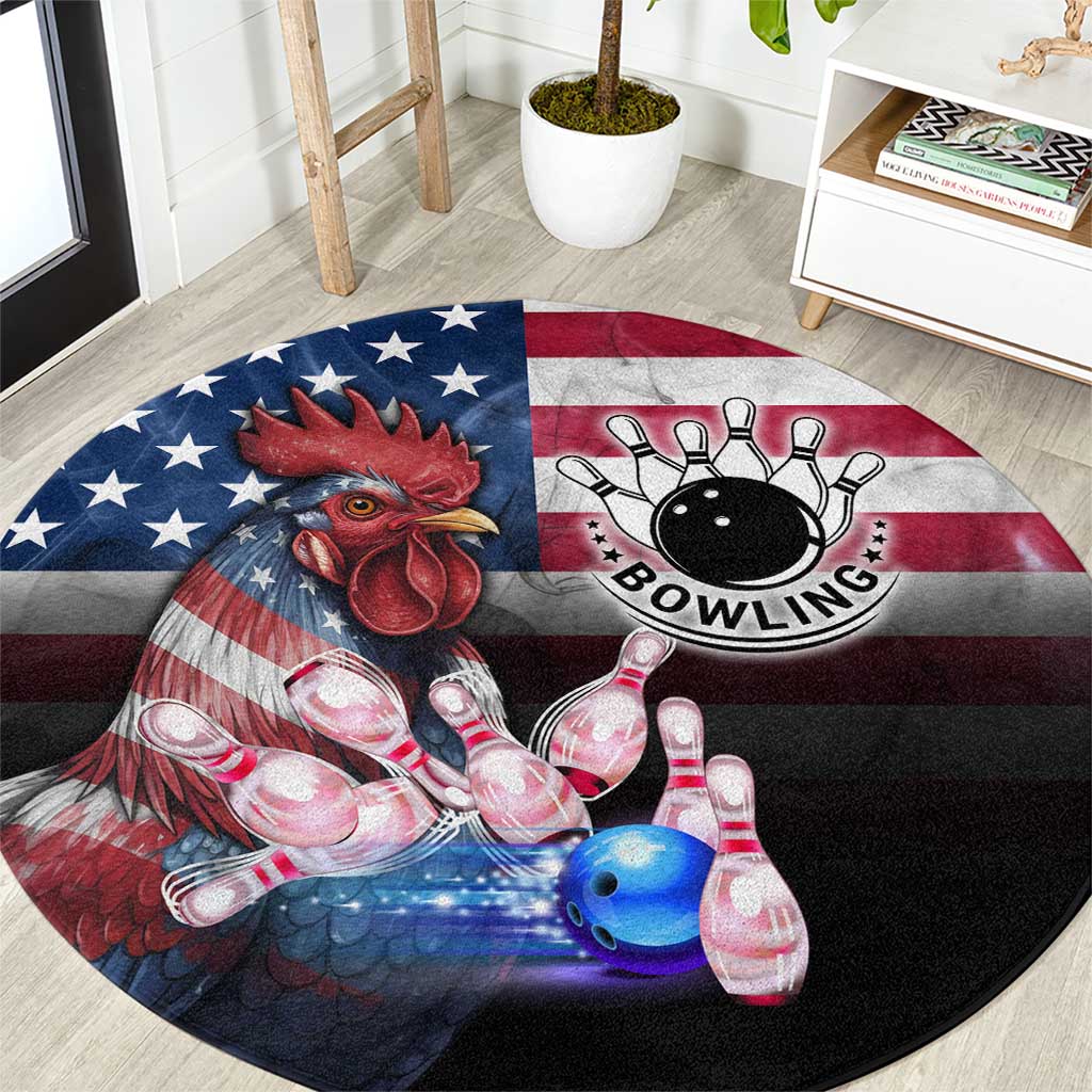 Bowling Rooster Round Carpet with Striking Pins and American Flag Feather Pattern - Wonder Print Shop