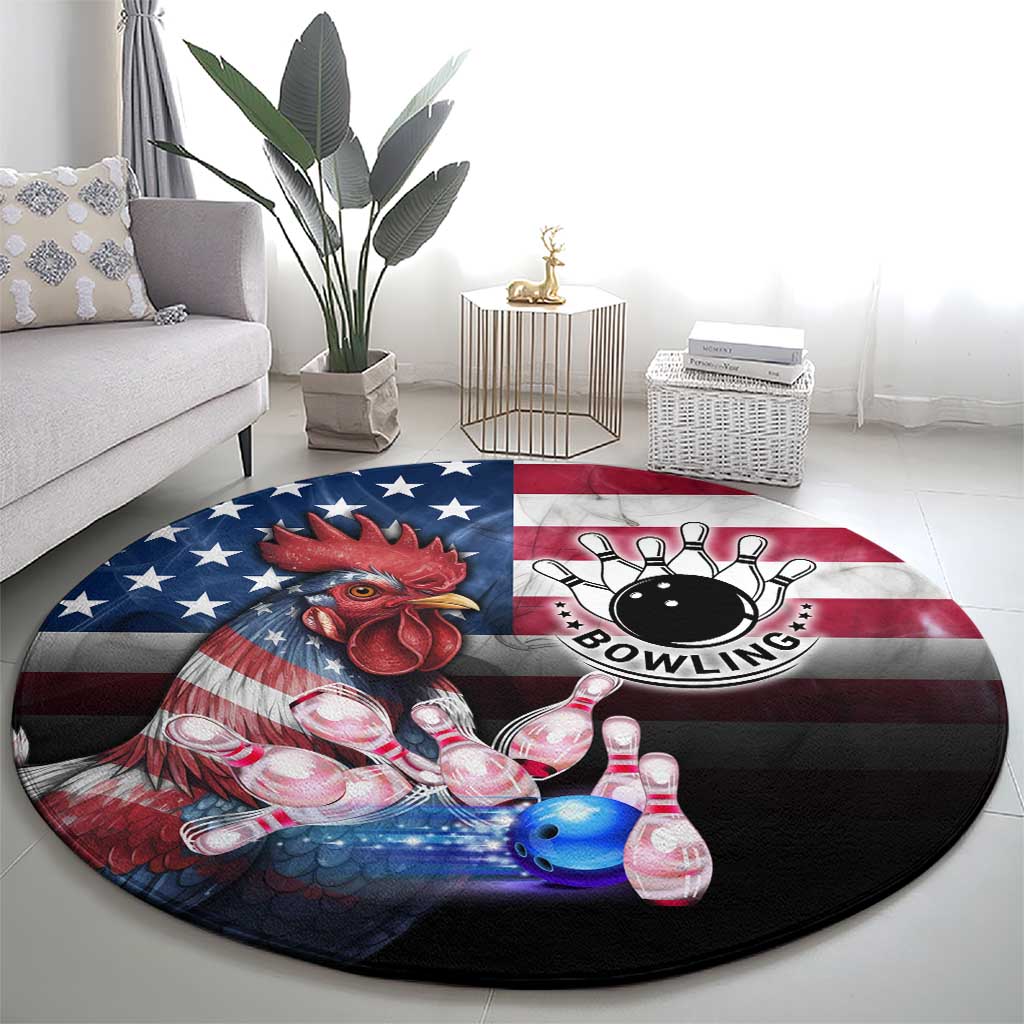Bowling Rooster Round Carpet with Striking Pins and American Flag Feather Pattern - Wonder Print Shop