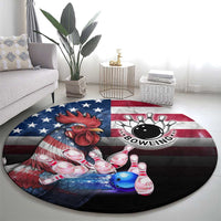 Bowling Rooster Round Carpet with Striking Pins and American Flag Feather Pattern - Wonder Print Shop