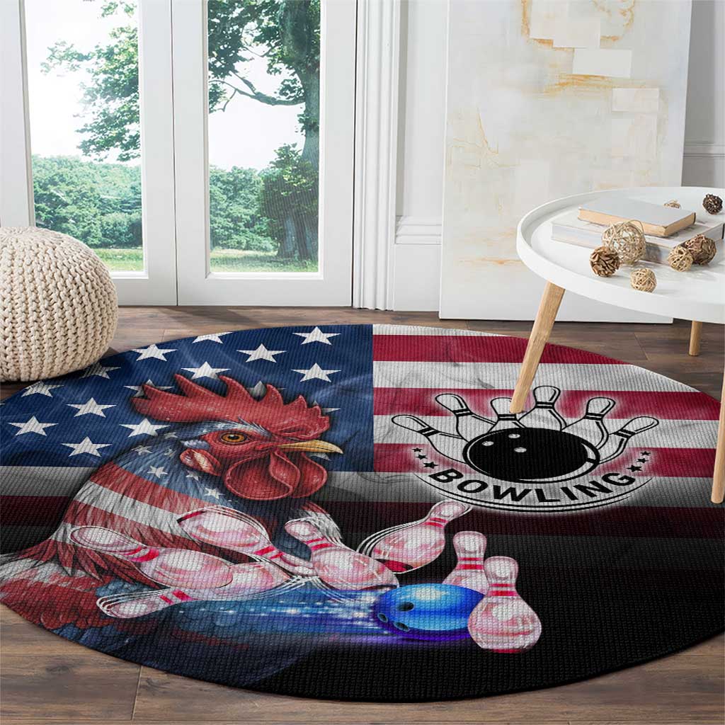 Bowling Rooster Round Carpet with Striking Pins and American Flag Feather Pattern - Wonder Print Shop