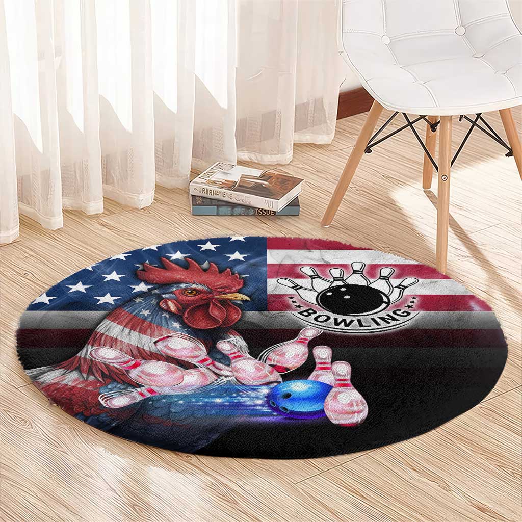 Bowling Rooster Round Carpet with Striking Pins and American Flag Feather Pattern - Wonder Print Shop