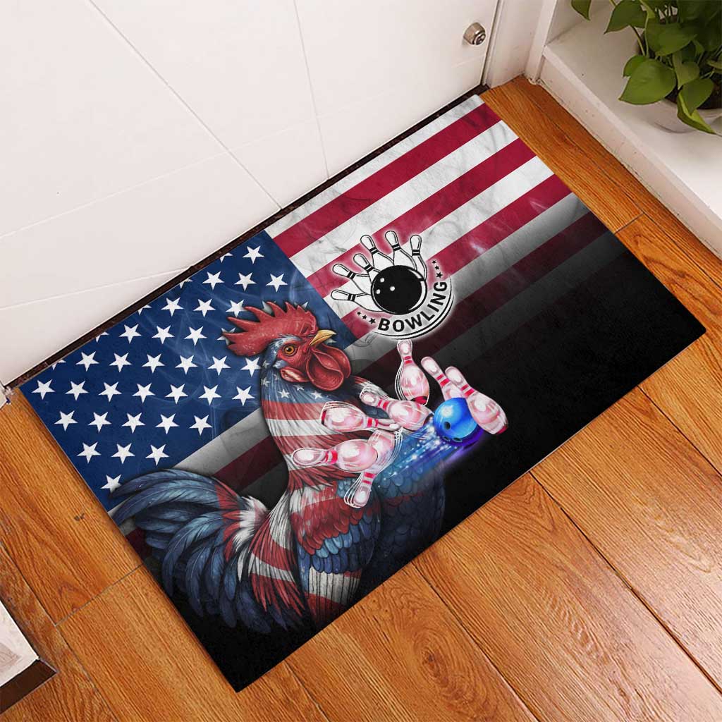 Bowling Rooster Rubber Doormat with Striking Pins and American Flag Feather Pattern - Wonder Print Shop