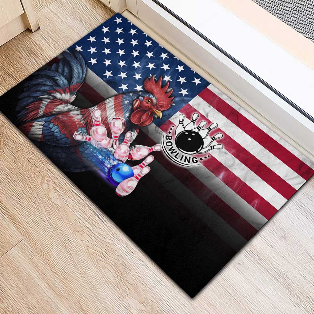 Bowling Rooster Rubber Doormat with Striking Pins and American Flag Feather Pattern - Wonder Print Shop