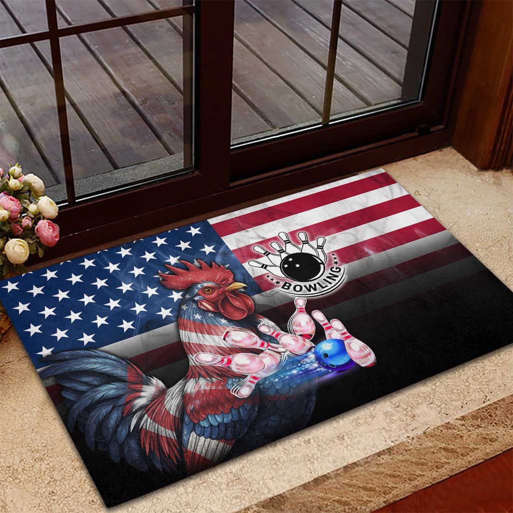 Bowling Rooster Rubber Doormat with Striking Pins and American Flag Feather Pattern - Wonder Print Shop