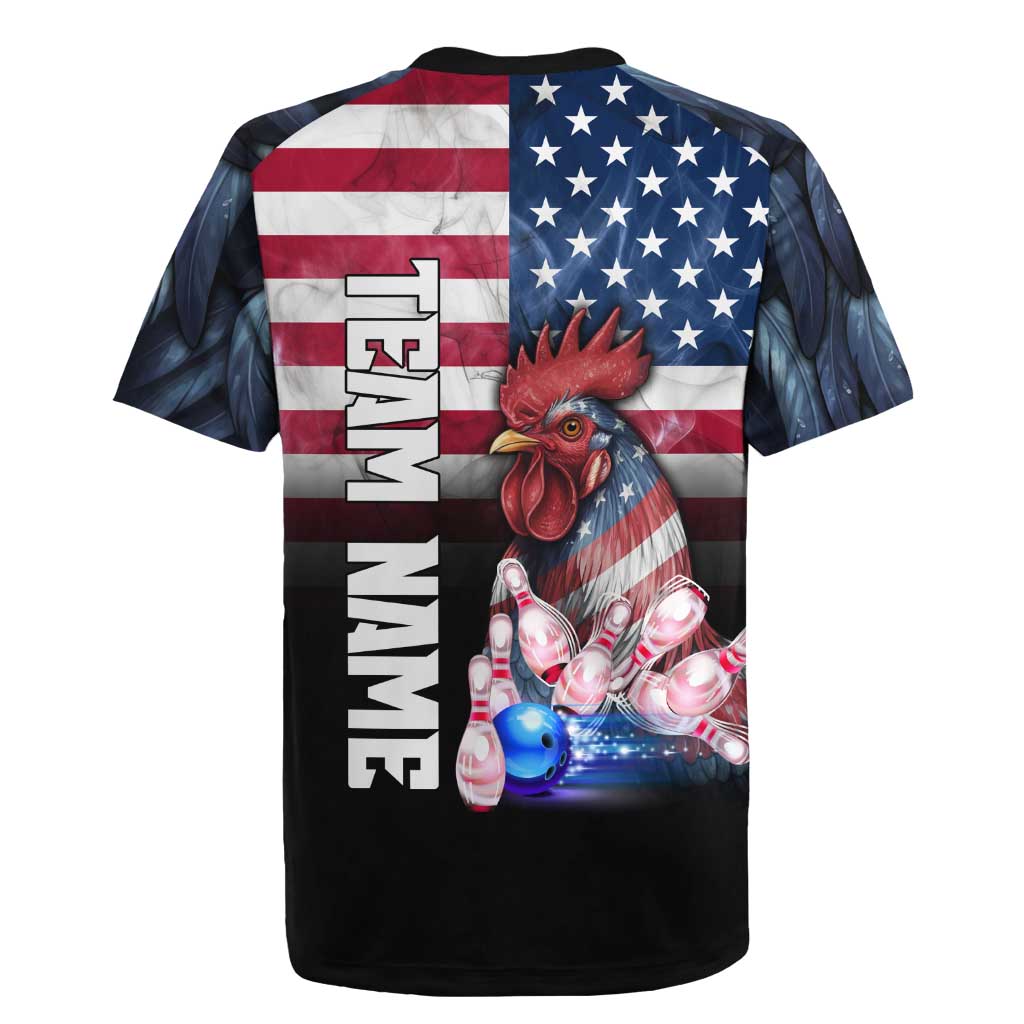 Custom Bowling Rooster Rugby Jersey with Striking Pins and American Flag Feather Pattern - Wonder Print Shop