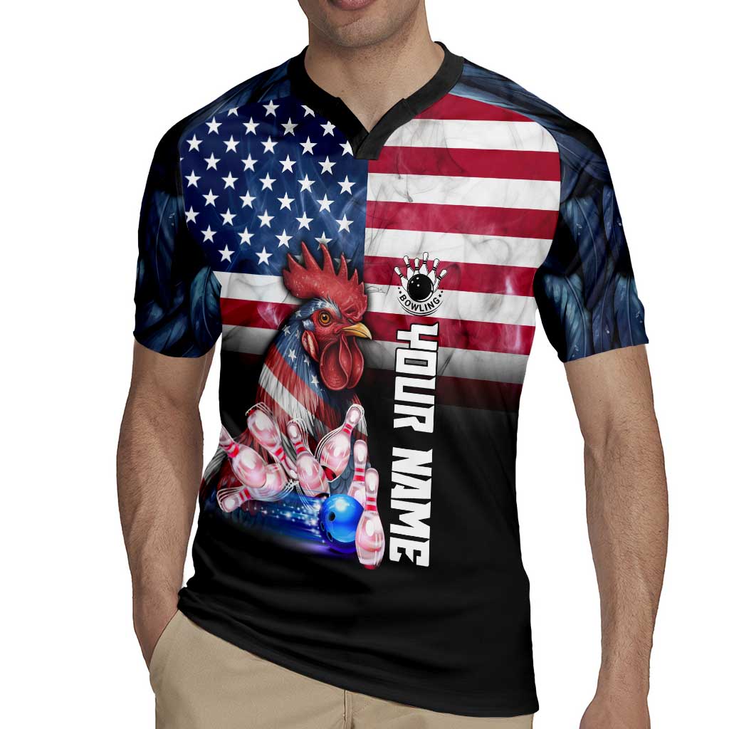 Custom Bowling Rooster Rugby Jersey with Striking Pins and American Flag Feather Pattern - Wonder Print Shop