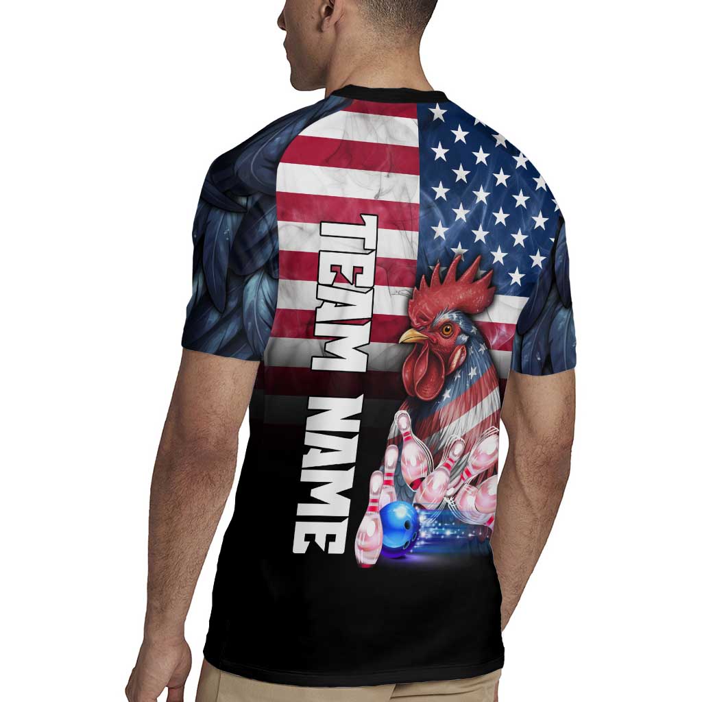 Custom Bowling Rooster Rugby Jersey with Striking Pins and American Flag Feather Pattern - Wonder Print Shop