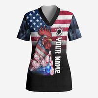 Custom Bowling Rooster Scrub Top with Striking Pins and American Flag Feather Pattern - Wonder Print Shop