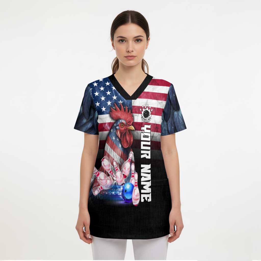 Custom Bowling Rooster Scrub Top with Striking Pins and American Flag Feather Pattern - Wonder Print Shop