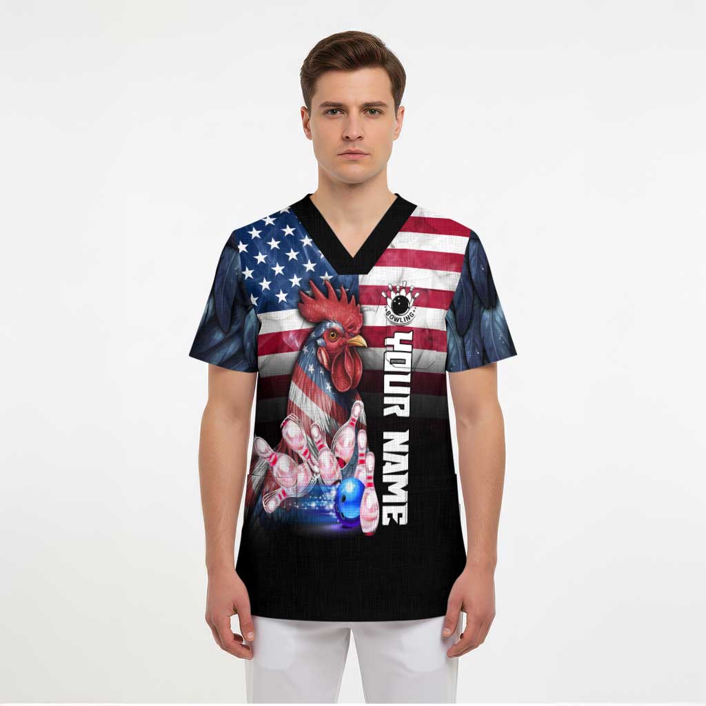Custom Bowling Rooster Scrub Top with Striking Pins and American Flag Feather Pattern - Wonder Print Shop