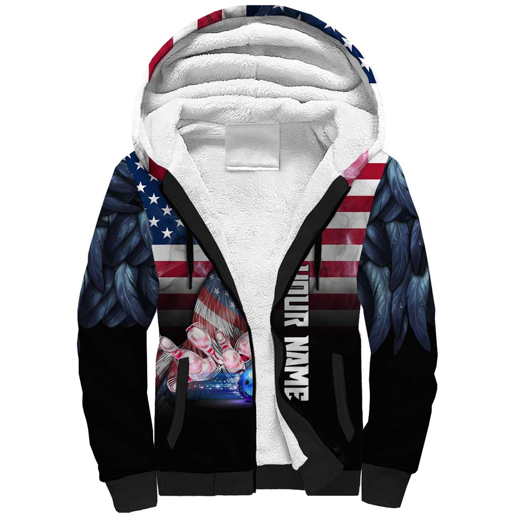 Custom Bowling Rooster Sherpa Hoodie with Striking Pins and American Flag Feather Pattern - Wonder Print Shop