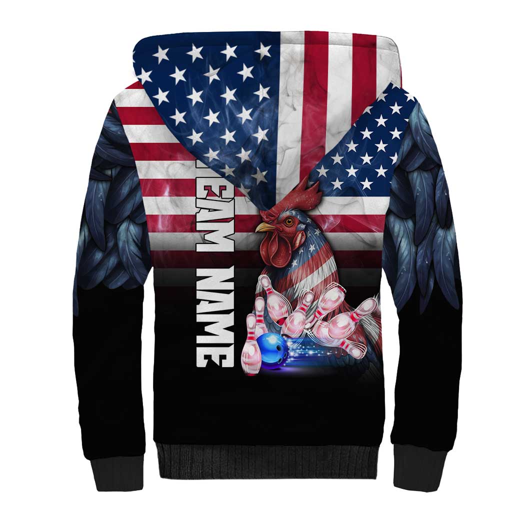 Custom Bowling Rooster Sherpa Hoodie with Striking Pins and American Flag Feather Pattern - Wonder Print Shop