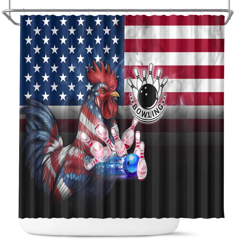 Bowling Rooster Shower Curtain with Striking Pins and American Flag Feather Pattern - Wonder Print Shop