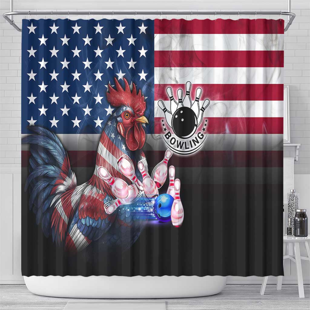 Bowling Rooster Shower Curtain with Striking Pins and American Flag Feather Pattern - Wonder Print Shop