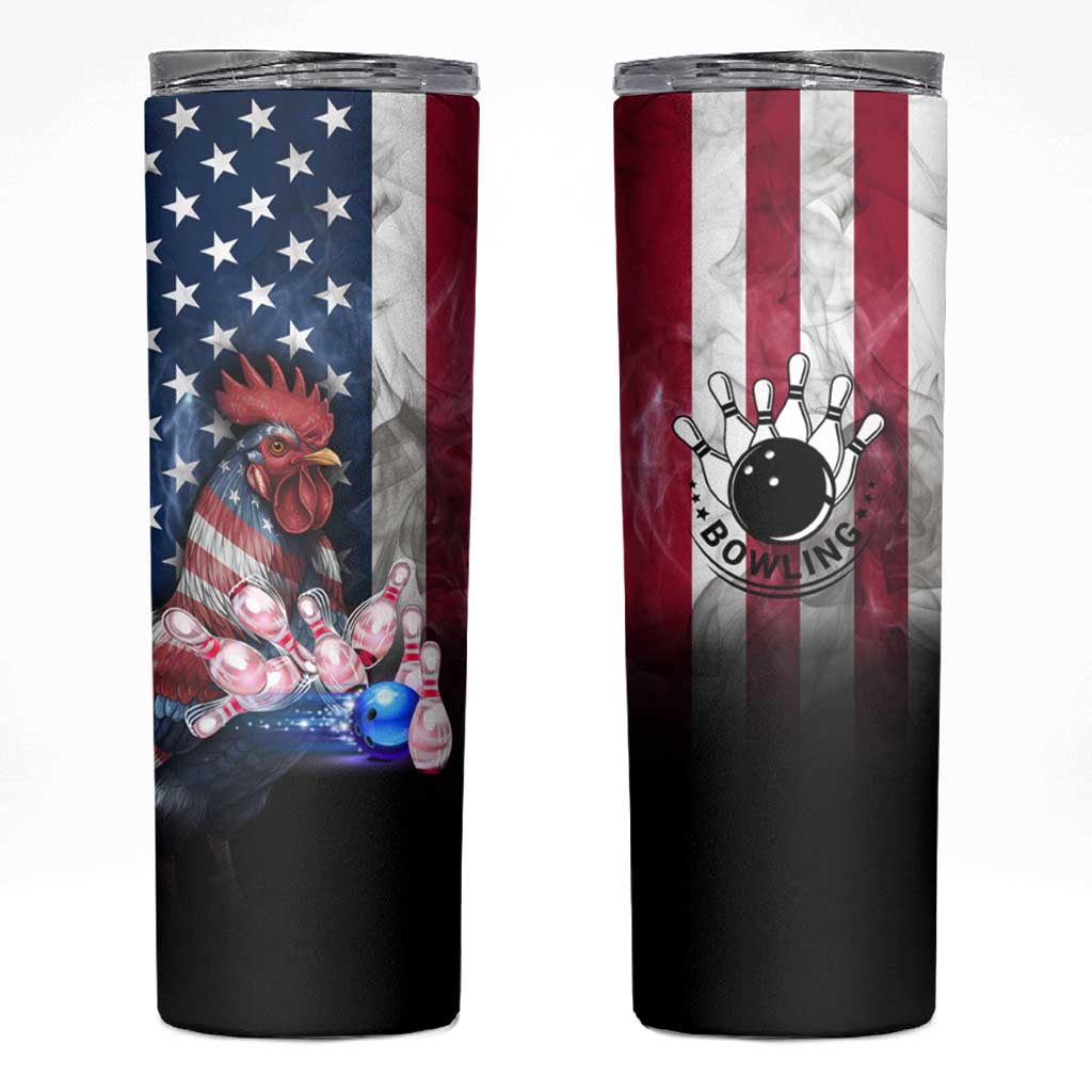 Bowling Rooster Skinny Tumbler with Striking Pins and American Flag Feather Pattern - Wonder Print Shop
