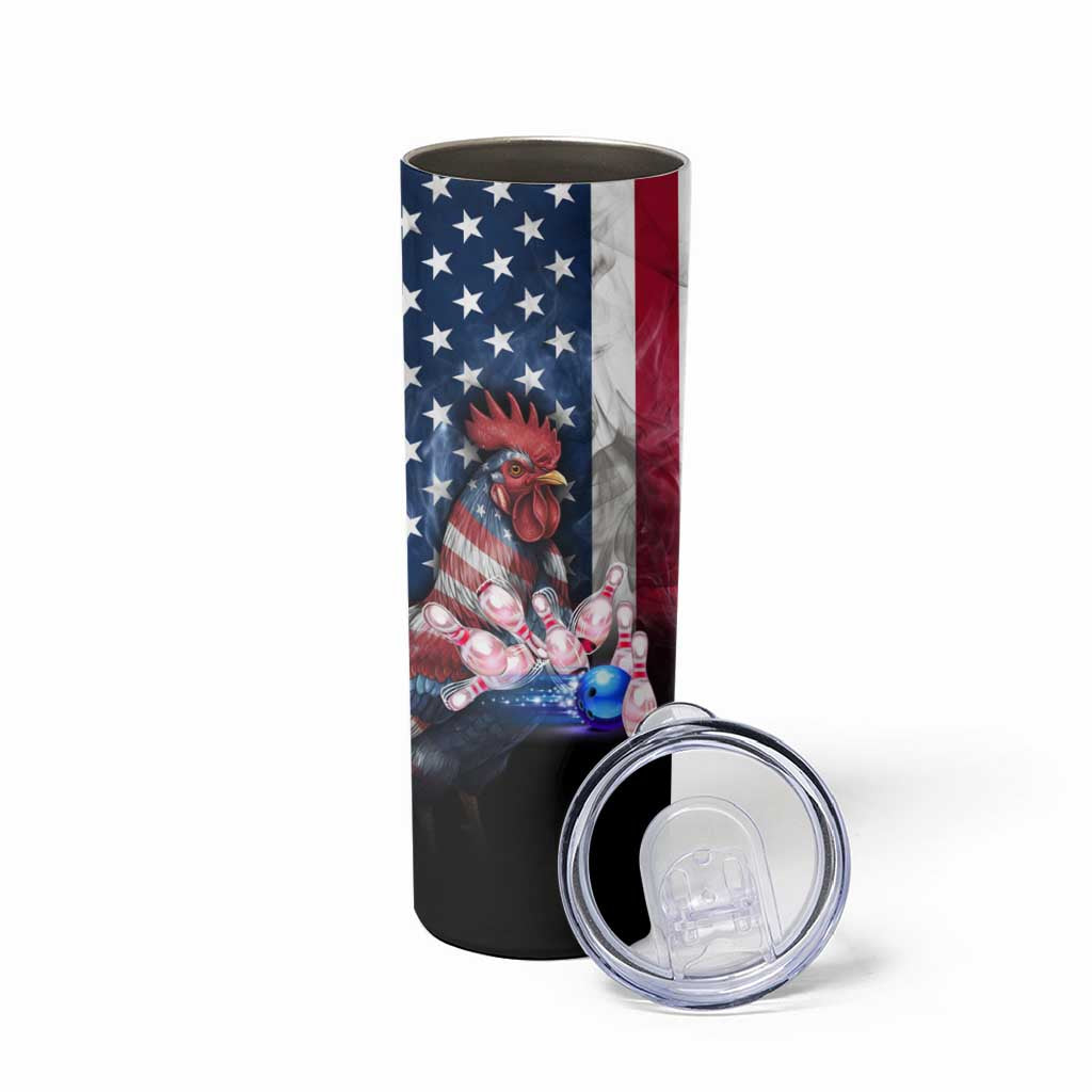 Bowling Rooster Skinny Tumbler with Striking Pins and American Flag Feather Pattern - Wonder Print Shop