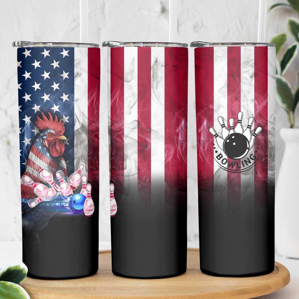 Bowling Rooster Skinny Tumbler with Striking Pins and American Flag Feather Pattern - Wonder Print Shop