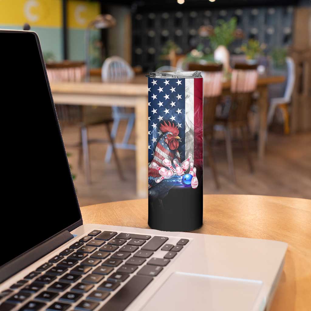 Bowling Rooster Skinny Tumbler with Striking Pins and American Flag Feather Pattern - Wonder Print Shop