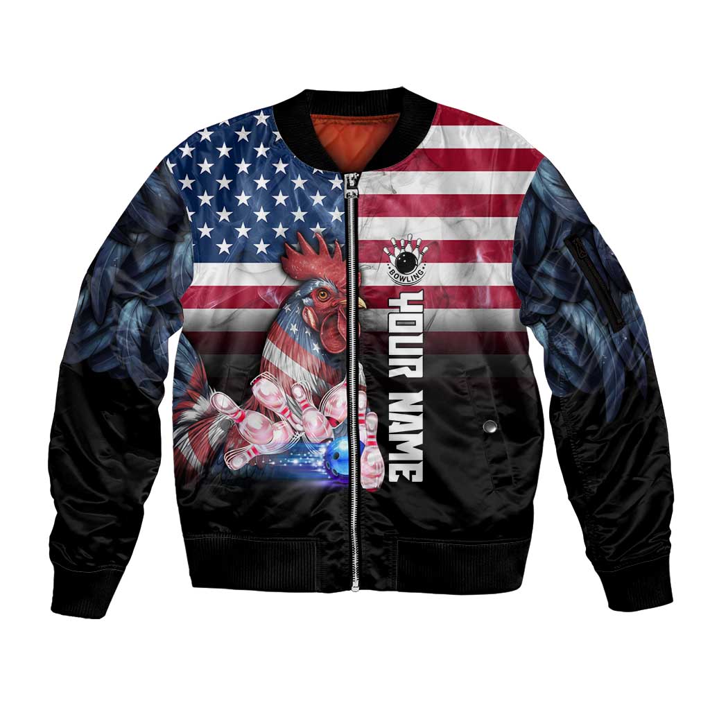 Custom Bowling Rooster Sleeve Zip Bomber Jacket with Striking Pins and American Flag Feather Pattern - Wonder Print Shop
