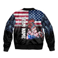 Custom Bowling Rooster Sleeve Zip Bomber Jacket with Striking Pins and American Flag Feather Pattern - Wonder Print Shop