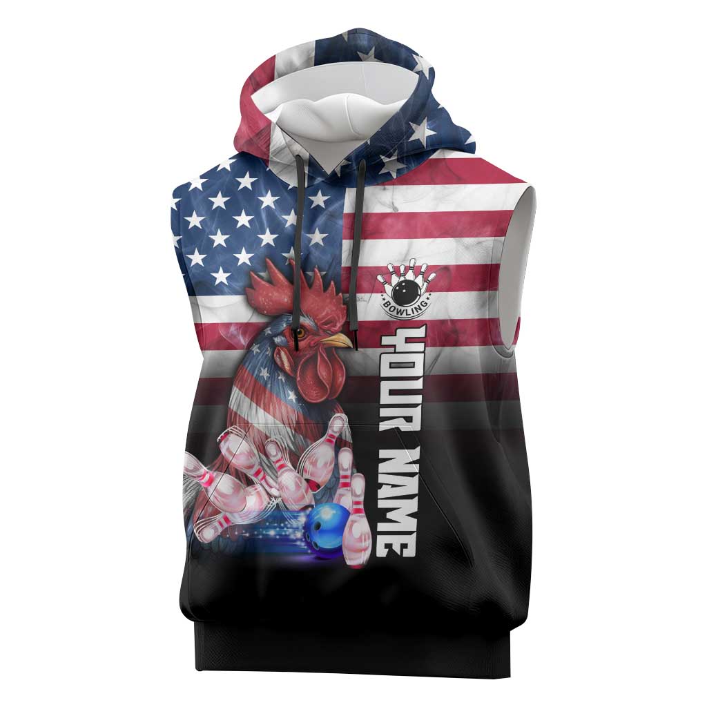 Custom Bowling Rooster Sleeveless Hoodie with Striking Pins and American Flag Feather Pattern - Wonder Print Shop
