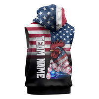Custom Bowling Rooster Sleeveless Hoodie with Striking Pins and American Flag Feather Pattern - Wonder Print Shop