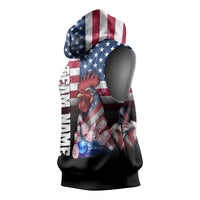 Custom Bowling Rooster Sleeveless Hoodie with Striking Pins and American Flag Feather Pattern - Wonder Print Shop