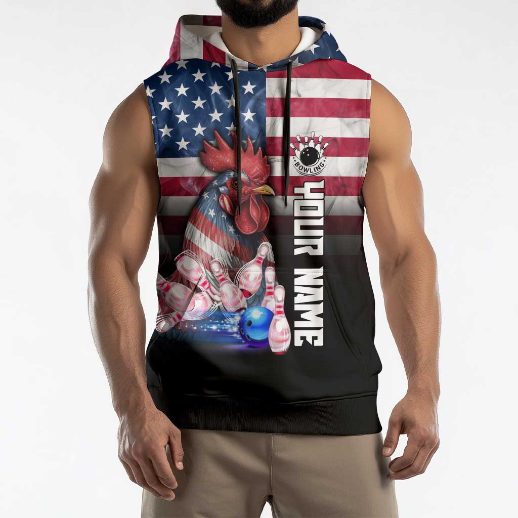 Custom Bowling Rooster Sleeveless Hoodie with Striking Pins and American Flag Feather Pattern - Wonder Print Shop