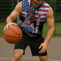 Custom Bowling Rooster Sleeveless Hoodie with Striking Pins and American Flag Feather Pattern - Wonder Print Shop