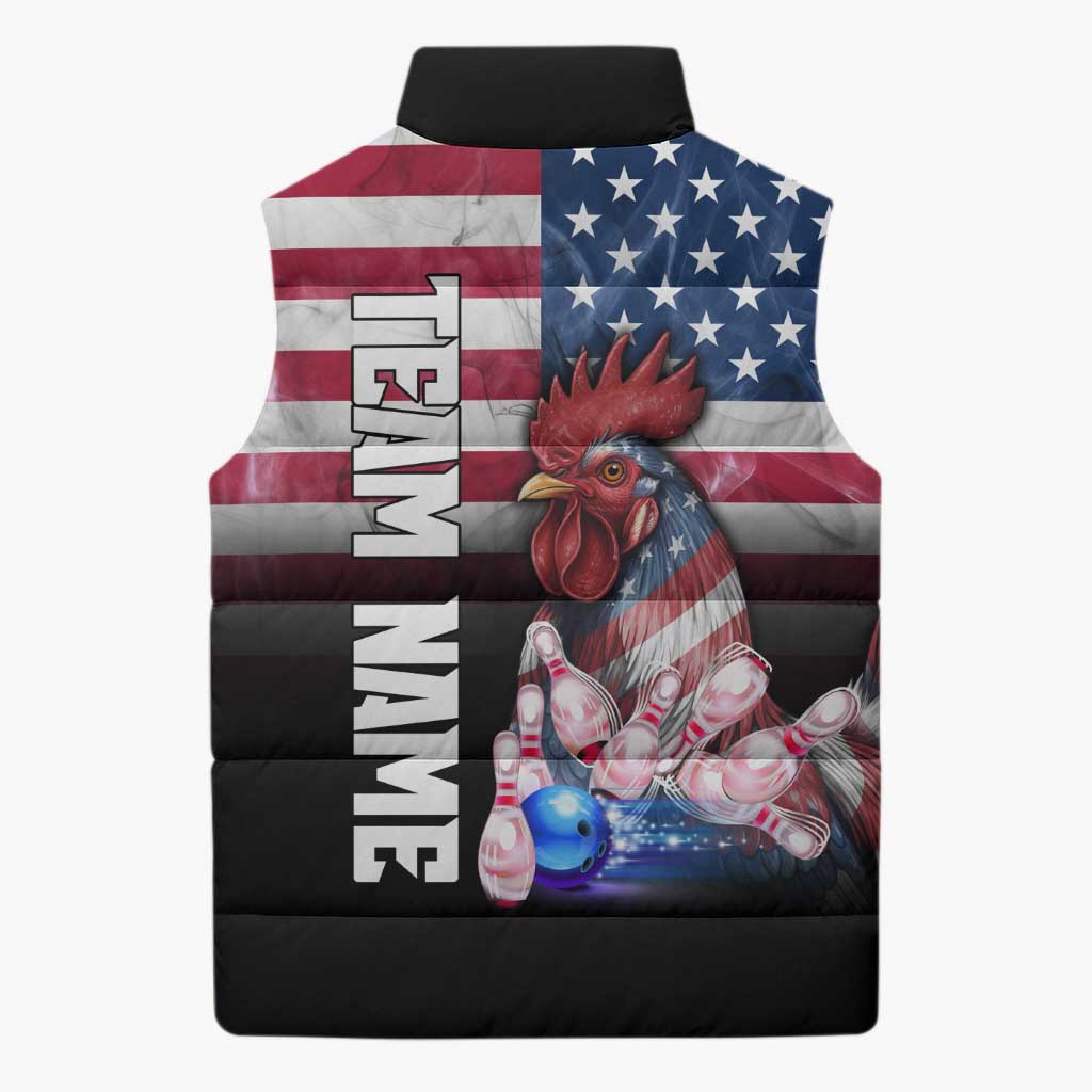 Custom Bowling Rooster Sleeveless Puffer Jacket with Striking Pins and American Flag Feather Pattern - Wonder Print Shop