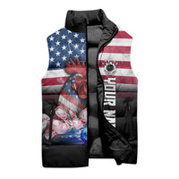 Custom Bowling Rooster Sleeveless Puffer Jacket with Striking Pins and American Flag Feather Pattern - Wonder Print Shop