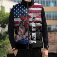 Custom Bowling Rooster Sleeveless Puffer Jacket with Striking Pins and American Flag Feather Pattern - Wonder Print Shop